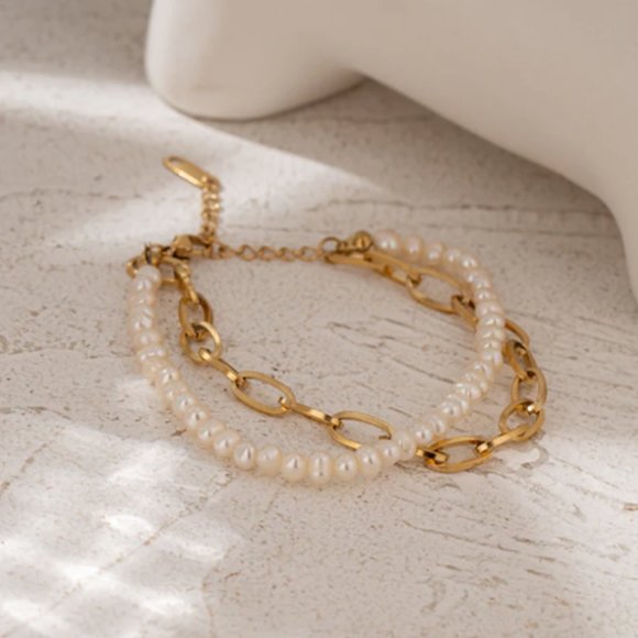 New 18K Gold Natural Pearls Double Layer Bracelet - Picture 9 of 11